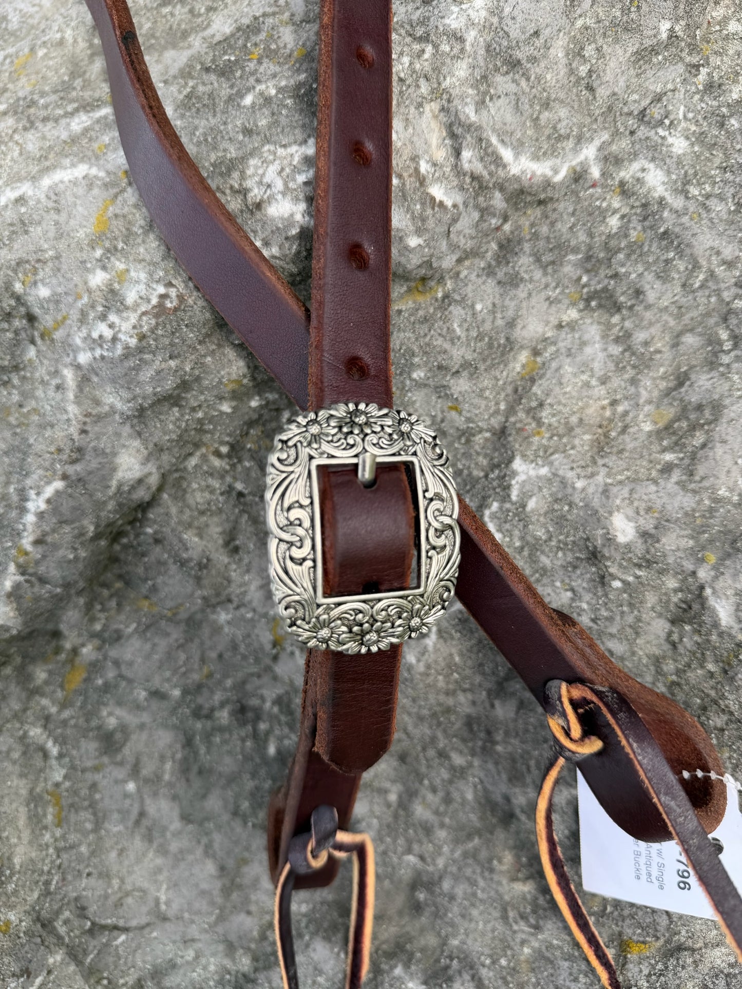 Slip Ear Headstall - Antique Silver Daisy Scroll Buckle
