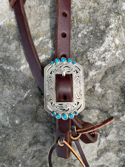 Slip Ear Headstall - Engraved Silver & Turquoise Buckle