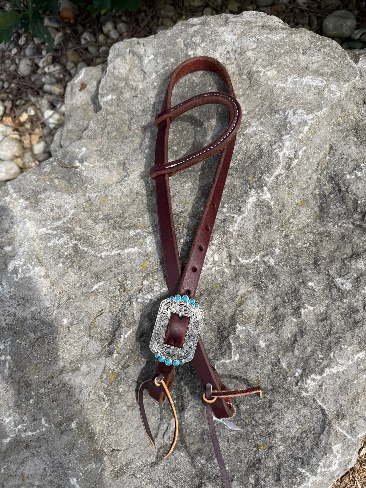 Slip Ear Headstall - Engraved Silver & Turquoise Buckle