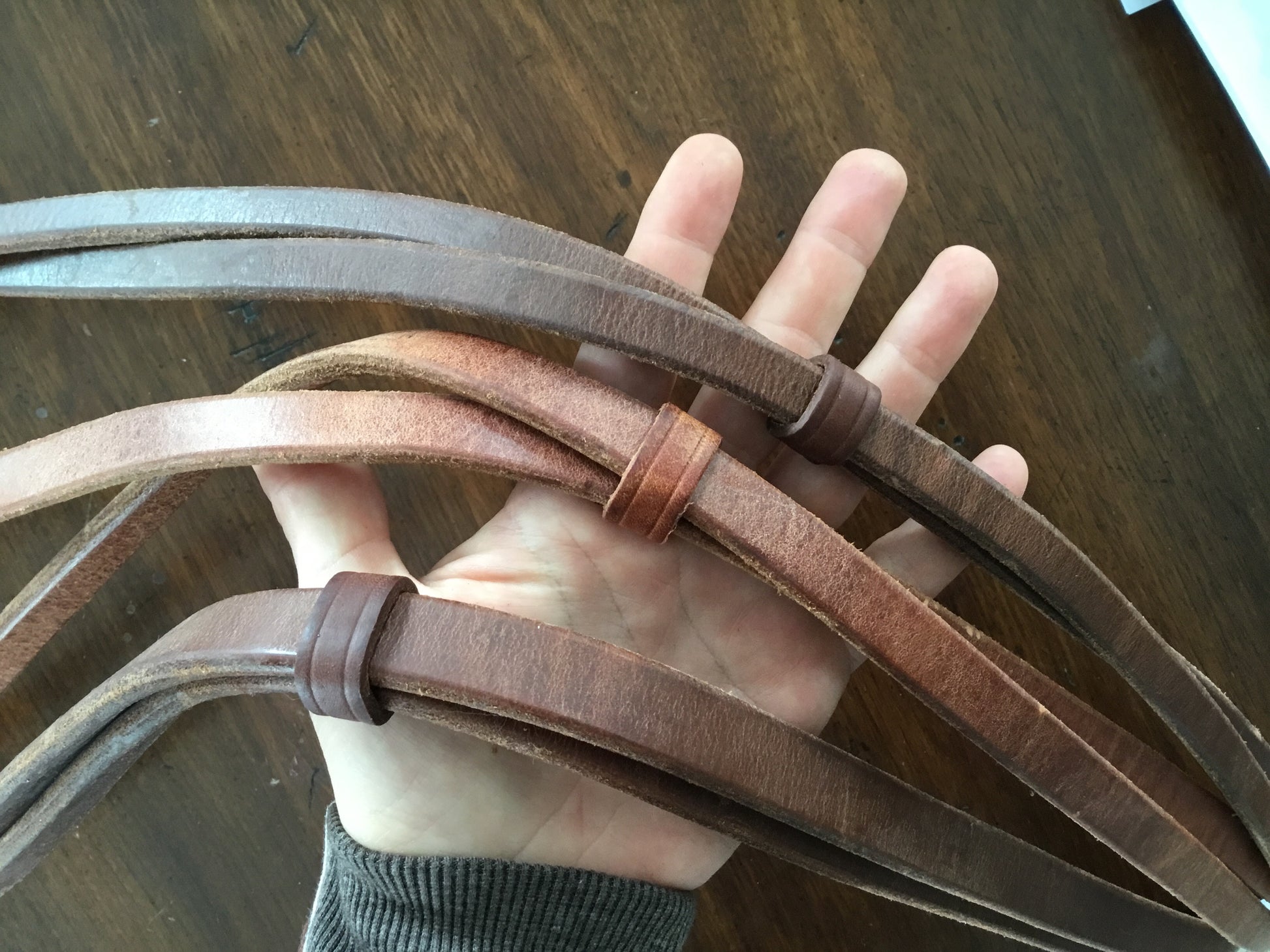 From top to bottom: 7 1/2 (thin) Heavy Oil, 7 5/8 (standard) Harness Leather, 8 3/4 (wide) Heavy Oil